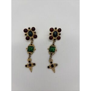 Vintage Gold Tone Dangling Earrings With Green And Red Faux Stones